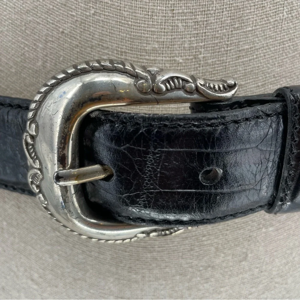 Fossil Black Croco Embossed Cowhide Belt Scrolled Silver Tone Accents/Buckle - L